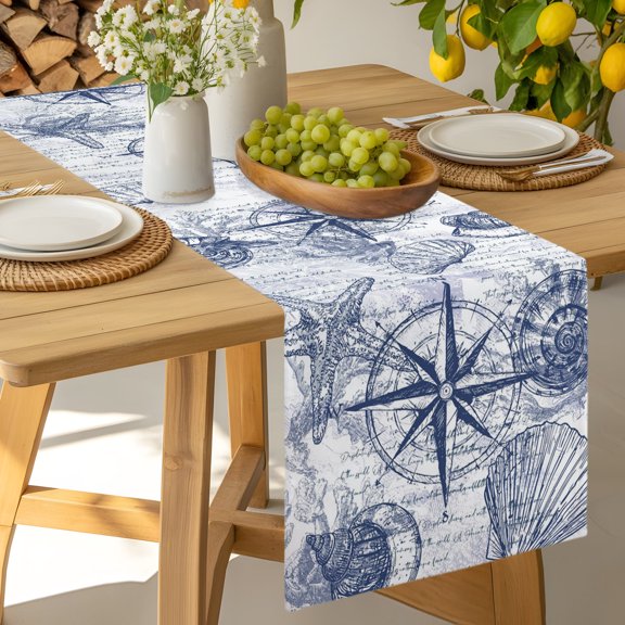 Table Runner Retro Watercolor Starfish Compass Dresser Scarves 13x36 Inch,Linen Table Runners Nautical Theme Letter Back Tablerunner for Home Dining Indoor Outdoor Wedding Party Tabletop Decor