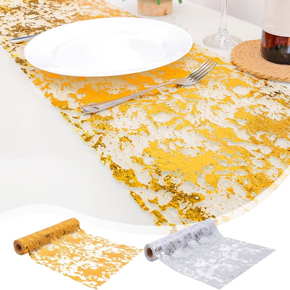 Table Runner Roll, Gold Metallic Mesh Table Decor for Dining Table, Glitter Polyester Runner for Wedding Birthday Christmas Party, Cut to Size, Reusable Table Centerpiece (Gold)