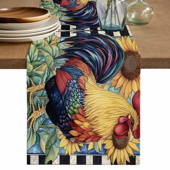Table Runner Rooster Sunflower Leaf Soft Linen Style Table Runner Cloth Black White Plaid Dining Table Decor for Kitchen, Dining Room, Parties, Holiday & Everyday Use 13x36 Inch