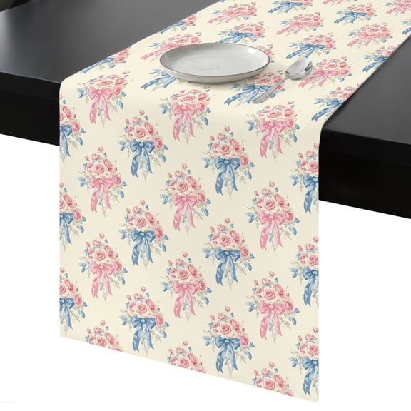 Table Runner Rose Flower Decorative Dining Table Runner Blue Bow Kitchen Table Decoration for Home, Holiday and Party Use 13x36 Inch