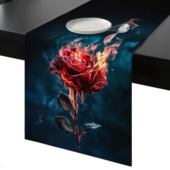 Table Runner Rose Flower Decorative Dining Table Runner Flower on Fire Kitchen Table Decoration for Home, Holiday and Party Use 13x36 Inch
