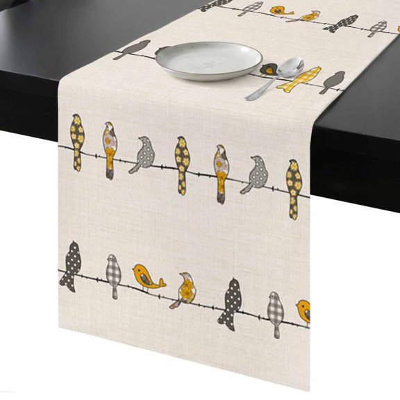 Table Runner Rowley Birds Floral Pattern Decorative Dining Table Runner Buffalo Check Plaid Yellow Gray Kitchen Table Decoration for Home, Holiday and Party Use 13x72 Inch
