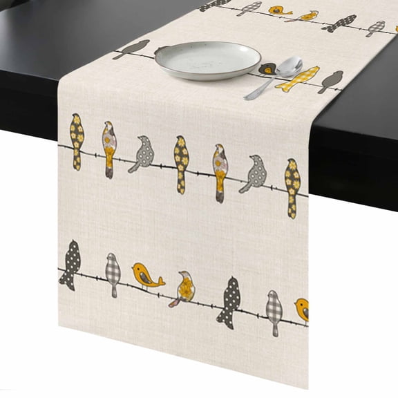 Table Runner Rowley Birds Floral Pattern Decorative Dining Table Runner Buffalo Check Plaid Yellow Gray Kitchen Table Decoration for Home, Holiday and Party Use 13x36 Inch