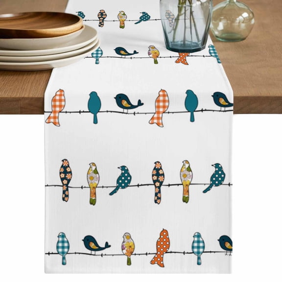 Table Runner Rowley Birds Floral Pattern Soft Linen Style Table Runner Cloth Orange Gray Line Dining Table Decor for Kitchen, Dining Room, Parties, Holiday & Everyday Use 13x36 Inch