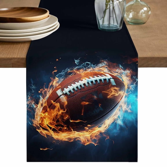 Table Runner Rugby Blaze Fire Flame Soft Linen Style Table Runner Cloth Technological Sport Style Dining Table Decor for Kitchen, Dining Room, Parties, Holiday & Everyday Use 13x36 Inch