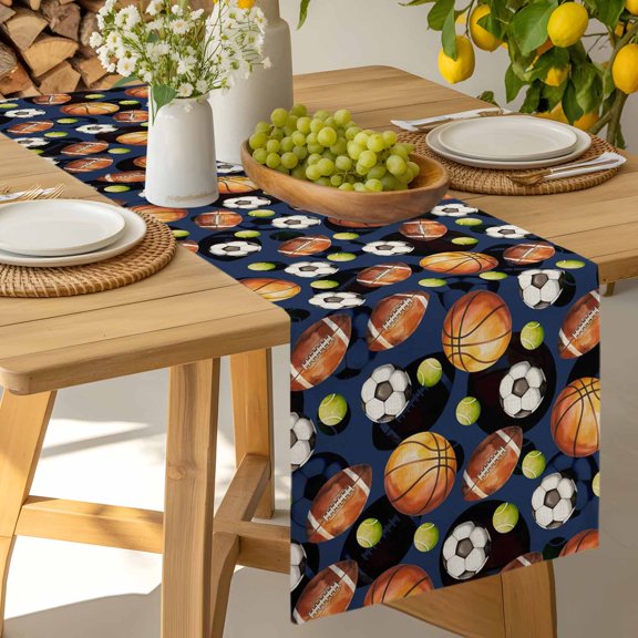 Table Runner Rugby Football Tennis on Blue Dresser Scarves 13x36 Inch,Linen Table Runners Funny Ball Sports Tablerunner for Home Dining Indoor Outdoor Wedding Party Tabletop Decor