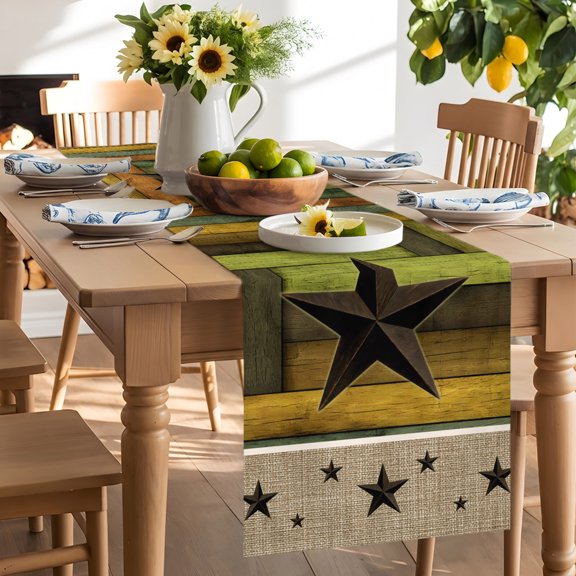 Table Runner Rustic Barn Star Dresser Scarves 13x70 Inch,Linen Table Runners Retro Farm Wood Planks Border Tablerunner for Home Dining Indoor Outdoor Wedding Party Tabletop Decor