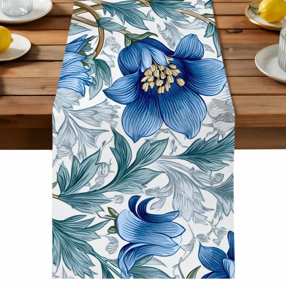 Table Runner Rustic Botanical Summer Floral Decorative Table Runner for Kitchen Boho Blue Flower Green Leaf Dinning Runner for Party Wedding Holiday Indoor Outdoor 13x36inch