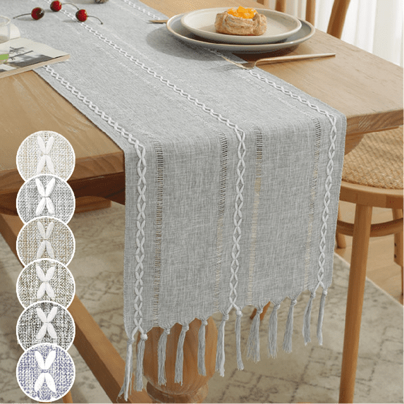 Table Runner, Rustic Farmhouse Table Runners with Tassels, Boho Cotton Linen Table Runner for Table Decorations, Holiday Party and Wedding, 72 Inches