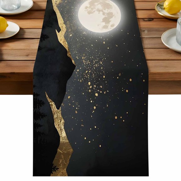 Table Runner Rustic Moon Night Decorative Table Runner for Kitchen Nature Dark Peaks Pine Trees Gold Stars Dinning Runner for Party Wedding Holiday Indoor Outdoor 13x36inch