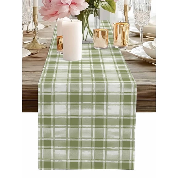 Table Runner Sage Green Buffalo Plaid Table Runners Watercolor Check Stripes Cotton Linen Dresser Scarf Kitchen Dining Table Decor for Home Dinner Party Decor 13x36 Inch