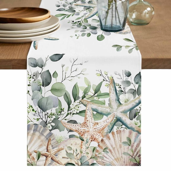 Table Runner Sage Green Eucalyptus Leaves Soft Linen Style Table Runner Cloth Starfish Dining Table Decor for Kitchen, Dining Room, Parties, Holiday & Everyday Use 13x36 Inch