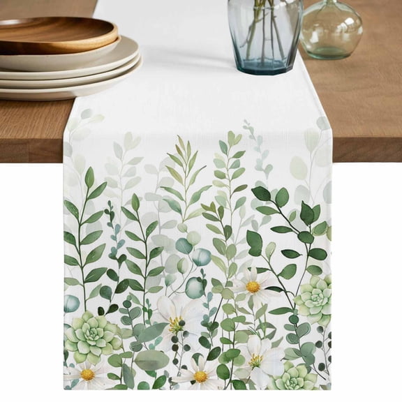 Table Runner Sage Green Leaves Soft Linen Style Table Runner Cloth Daisy Plant Dining Table Decor for Kitchen, Dining Room, Parties, Holiday & Everyday Use 13x36 Inch
