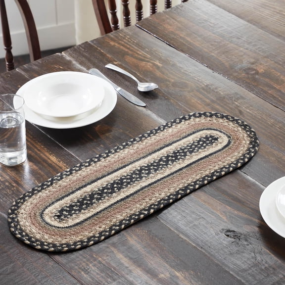 VHC Brands Sawyer Mill, Braided Jute Table Runner, Oval, Charcoal Creme, 8x25