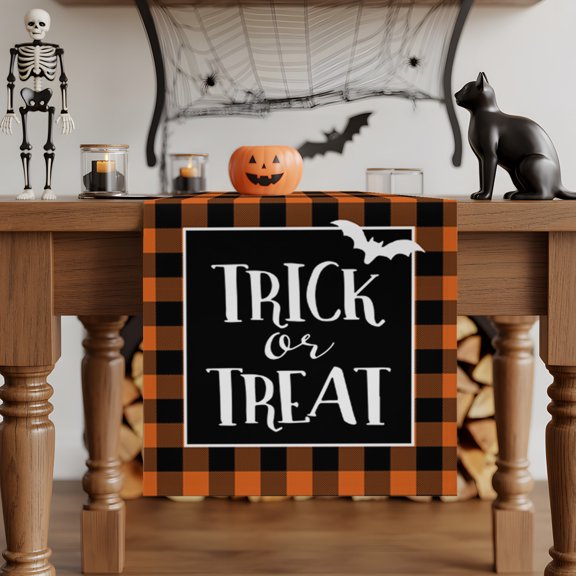 Table Runner Scary Halloween Buffalo Check Dresser Scarves 13x90 Inch,Linen Table Runners Trick Or Treat Texts Tablerunner for Home Dining Indoor Outdoor Wedding Party Tabletop Decor