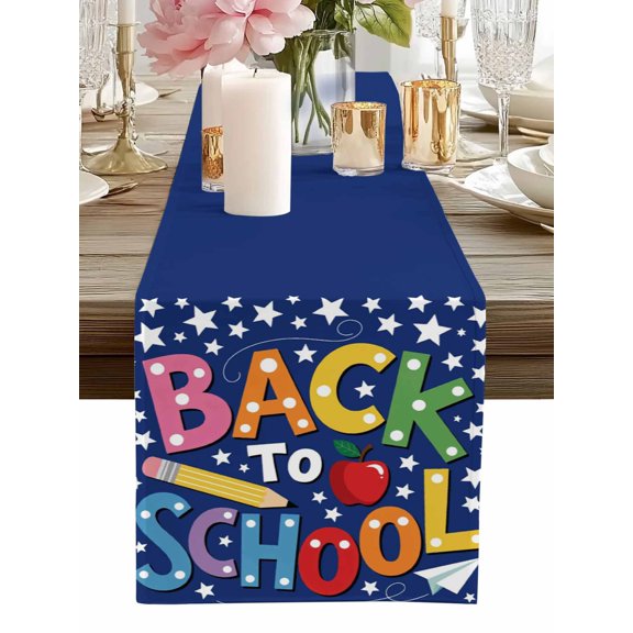 Table Runner School Season Table Runners Pencil Stars Cartoon Style Blue Cotton Linen Dresser Scarf Kitchen Dining Table Decor for Home Dinner Party Decor 13x36 Inch