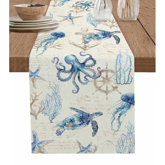 Table Runner Sea Turtle Nautical Anchor Table Decoration for Kitchen Dinning Octopus Ocean Coral Seashell Conch Table Decoration for Indoor Outdoor Party Wedding Decor 13x72inch
