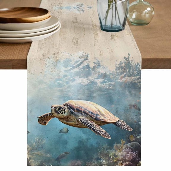 Table Runner Sea Turtle Soft Linen Style Table Runner Cloth Coral Reef Fish Dining Table Decor for Kitchen, Dining Room, Parties, Holiday & Everyday Use 13x36 Inch