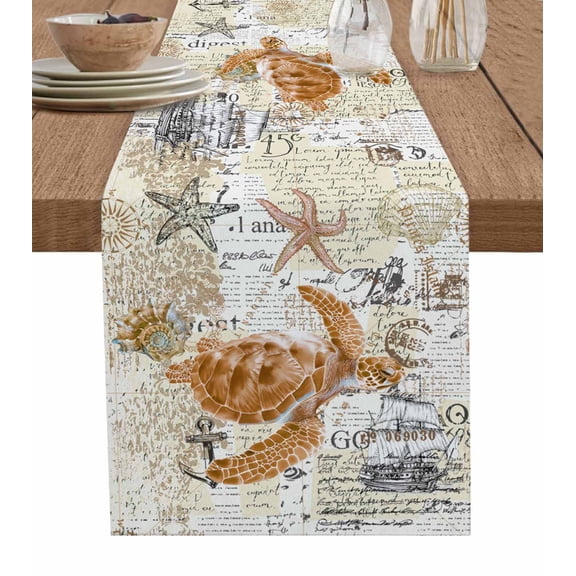 Table Runner Sea Turtle Starfish Table Decoration for Kitchen Dinning Nautical Anchor Table Decoration for Indoor Outdoor Party Wedding Decor 13x90inch
