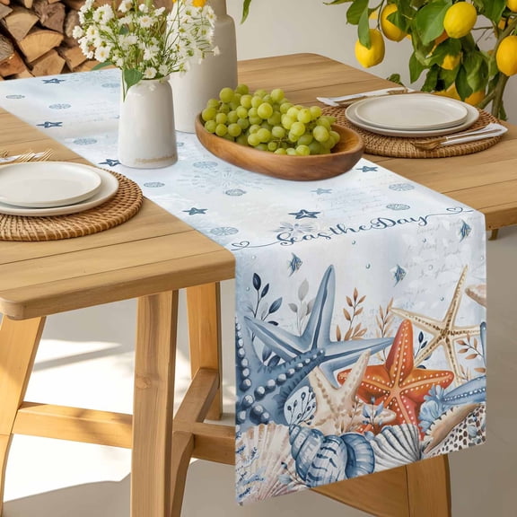 Table Runner Seas The Day Words Dresser Scarves 13x36 Inch,Linen Table Runners Coastal Starfish Seashells Tablerunner for Home Dining Indoor Outdoor Wedding Party Tabletop Decor