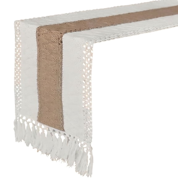 Table Runner Set Bohemian Placemats and Table Runners for Home Dining Restaurant Decor White with Brown Design Fringed Edge Easy-to-Clean Cotton Blend