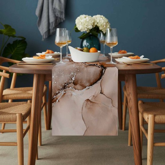 Table Runner Silver Brown Marble Ripples Dresser Scarves 13x36 Inch,Linen Table Runners Abstract Fluid Art Tablerunner for Home Dining Indoor Outdoor Wedding Party Tabletop Decor