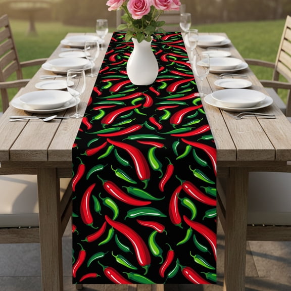 Table Runner Spicy Chili Pepper Pattern Dresser Scarves 13x90 Inch,Linen Table Runners Red Green Peppers on Black Tablerunner for Home Dining Indoor Outdoor Wedding Party Tabletop Decor