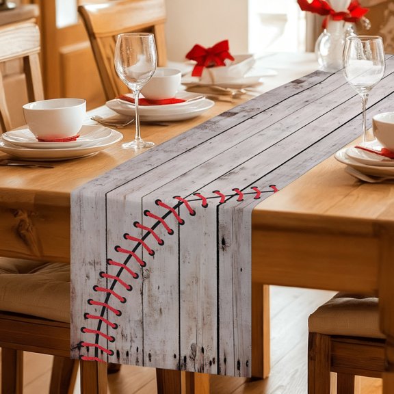 Table Runner Sports Baseball Texture Red Lines Dresser Scarves 13x36 Inch,Linen Table Runners Farm Wooden Plank Tablerunner for Home Dining Indoor Outdoor Wedding Party Tabletop Decor