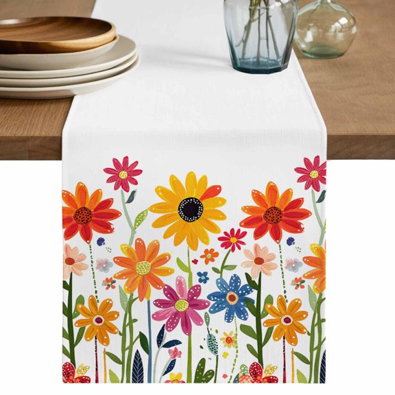 Table Runner Spring Colorful Sunflower Soft Linen Style Table Runner Cloth Abstract Flowers Dining Table Decor for Kitchen, Dining Room, Parties, Holiday & Everyday Use 13x108 Inch
