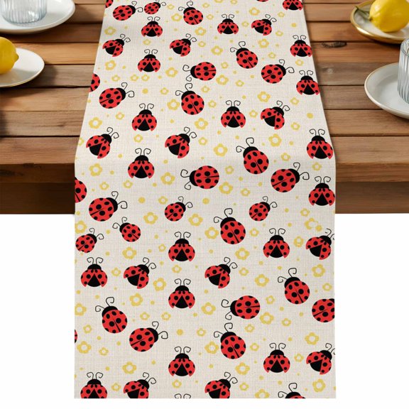 Table Runner Spring Flowers Decorative Table Runner for Kitchen Rustic Country Red Ladybug Beige Dinning Runner for Party Wedding Holiday Indoor Outdoor 13x36inch