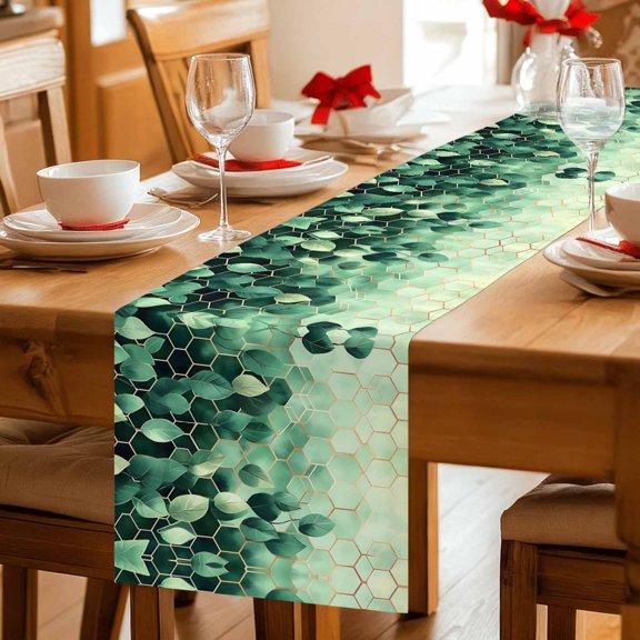 Table Runner Spring Green Leaves Gold Line Dresser Scarves 13x36 Inch,Linen Table Runners Abstract Color Block Tablerunner for Home Dining Indoor Outdoor Wedding Party Tabletop Decor