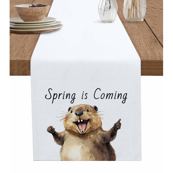 Table Runner Spring Is Coming Table Decoration for Kitchen Dinning Brown Groundhog Table Decoration for Indoor Outdoor Party Wedding Decor 13x72 Inch