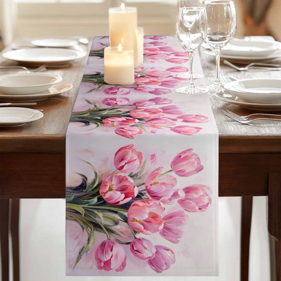 Table Runner,Spring Watercolor Pink Tulip Flower Kitchen Dining Table Runners Tabletop Decorations Floral Leaves Oil Painting Tablerunner Dresser Scarves for Home Party Wedding Birthday Decor,13x72in