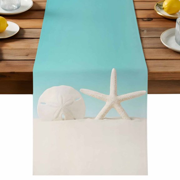 Table Runner Starfish Coastal Decorative Table Runner for Kitchen Ocean Beach Shells Sand Dollars Teal Sky Dinning Runner for Party Wedding Holiday Indoor Outdoor 13x36inch