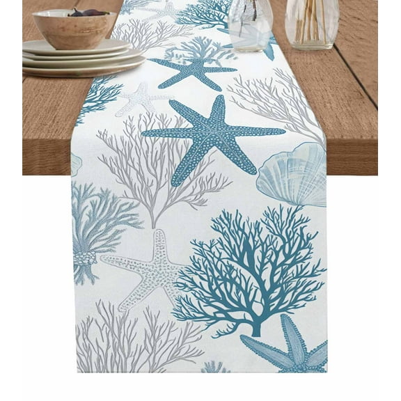 Table Runner Starfish Coral Shell Table Decoration for Kitchen Dinning Ocean Theme Table Decoration for Indoor Outdoor Party Wedding Decor 13x72inch