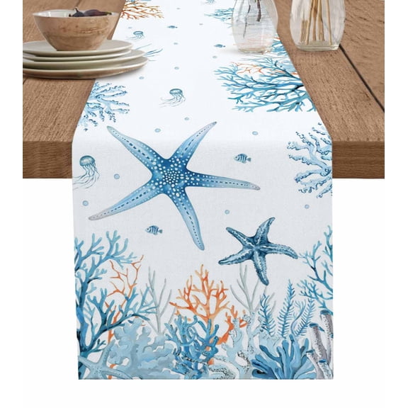 Table Runner Starfish Coral Table Decoration for Kitchen Dinning Marine Life Fish Seagrass Table Decoration for Indoor Outdoor Party Wedding Decor 13x72inch