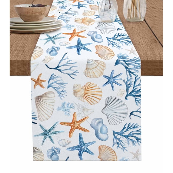 Table Runner Starfish Shell Coral Table Decoration for Kitchen Dinning Marine Life Table Decoration for Indoor Outdoor Party Wedding Decor 13x90inch