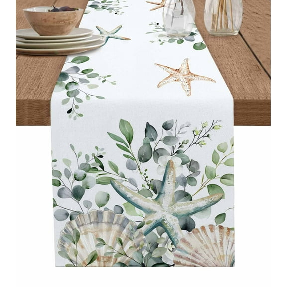 Table Runner Starfish Shell Table Decoration for Kitchen Dinning Green Eucalyptus Leaves Table Decoration for Indoor Outdoor Party Wedding Decor 13x72inch