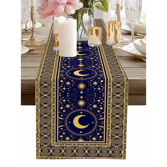 Table Runner Stars Moon Table Runners Yellow Bohemian Gorgeous Geometric Cotton Linen Dresser Scarf Kitchen Dining Table Decor for Home Dinner Party Decor 13x36 Inch