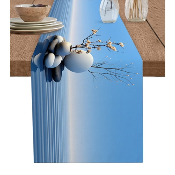 Table Runner Stone Branches Table Decoration for Kitchen Dinning Meditation Zen Lake Surface Table Decoration for Indoor Outdoor Party Wedding Decor 13x72 Inch