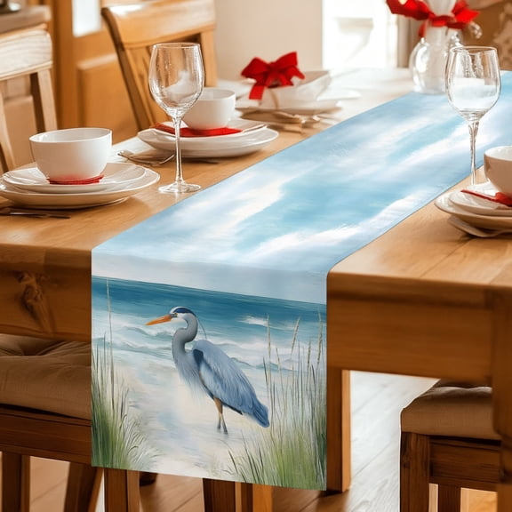 Table Runner Summer Beach Heron Bird Dresser Scarves 13x36 Inch,Linen Table Runners Coastal Seaside Ocean Wave Bird Tablerunner for Home Dining Indoor Outdoor Wedding Party Tabletop Decor
