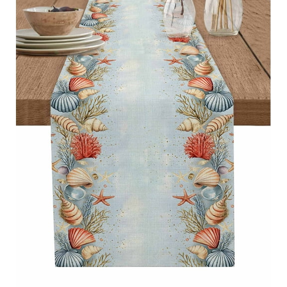 Table Runner Summer Beach Table Decoration for Kitchen Dinning Starfish Shell Coral Table Decoration for Indoor Outdoor Party Wedding Decor 13x90inch