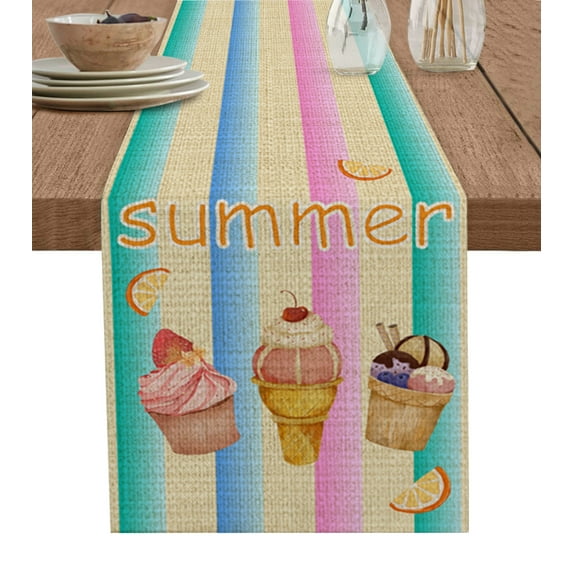 Table Runner Summer Desserts Table Decoration for Kitchen Dinning Ice Cream Lemon Colorful Stripes Table Decoration for Indoor Outdoor Party Wedding Decor 13x72 Inch