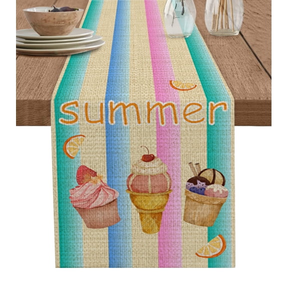 Table Runner Summer Desserts Table Decoration for Kitchen Dinning Ice Cream Lemon Colorful Stripes Table Decoration for Indoor Outdoor Party Wedding Decor 13x72 Inch