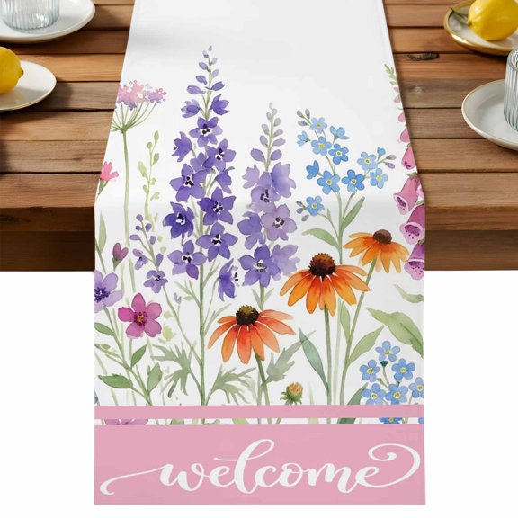 Table Runner Summer Floral Decorative Table Runner for Kitchen Farmhouse Botanical Welcome Pink Purple Blue Dinning Runner for Party Wedding Holiday Indoor Outdoor 13x36inch
