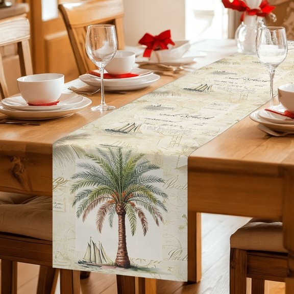 Table Runner Summer Green Palm Tree Sailboats Dresser Scarves 13x36 Inch,Linen Table Runners Vintage Coastal Beach Tablerunner for Home Dining Indoor Outdoor Wedding Party Tabletop Decor