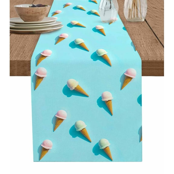 Table Runner Summer Ice Cream Table Decoration for Kitchen Dinning Blue Background Table Decoration for Indoor Outdoor Party Wedding Decor 13x90 Inch