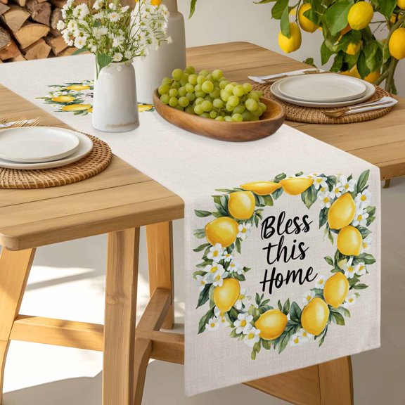 Table Runner Summer Lemon Watercolor Floral Dresser Scarves 13x36 Inch,Linen Table Runners Bless Home Quote Retro Linen Tablerunner for Home Dining Indoor Outdoor Wedding Party Tabletop Decor