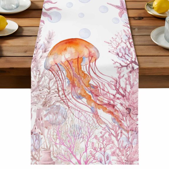 Table Runner Summer Marine Life Decorative Table Runner for Kitchen Ocean Jellyfish Watercolor Coral Coastal Dinning Runner for Party Wedding Holiday Indoor Outdoor 13x36inch