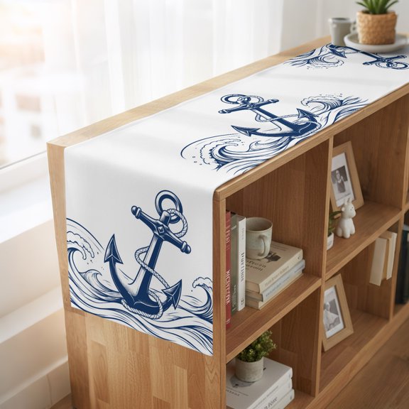 Table Runner Summer Nautical Anchor Sea Wave Dresser Scarves 13x36 Inch,Linen Table Runners Coastal Ocean Theme Tablerunner for Home Dining Indoor Outdoor Wedding Party Tabletop Decor